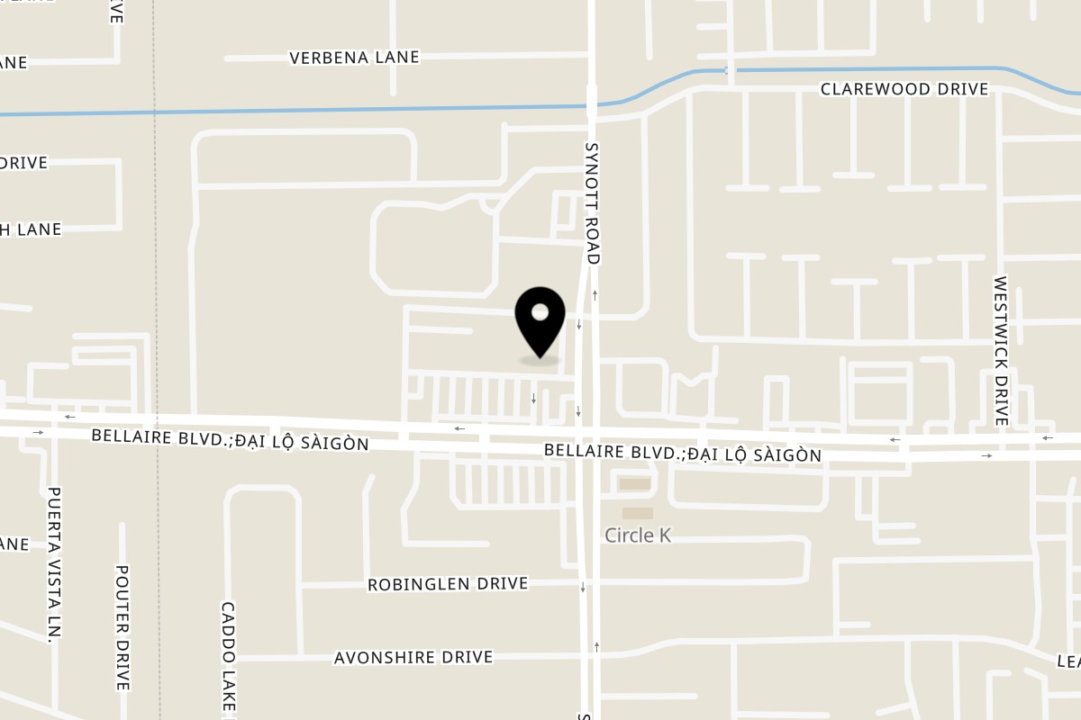 Map showing the location of Tgblessings ca nuong-lau-bbq Houston on 6796 Synott Rd in Houston